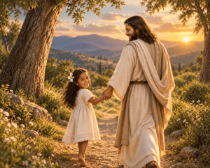 Toddler walking away with Jesus